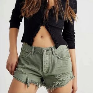 Free People Distressed Olive Jean Shorts